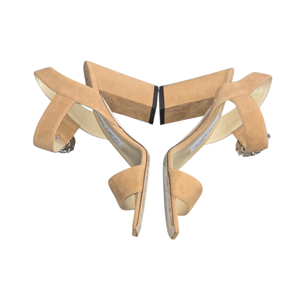 Jimmy Choo Maysa Caramel Suede Sandals Crystal Buckle Size 36/6 Heel 3" - Picture 7 of 11